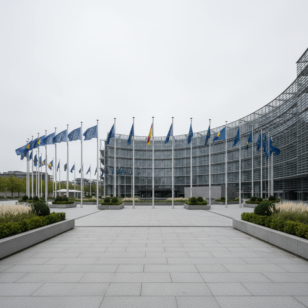 The Berlaymont building and European Parliament with EU flags in the European Quarter, Brussels