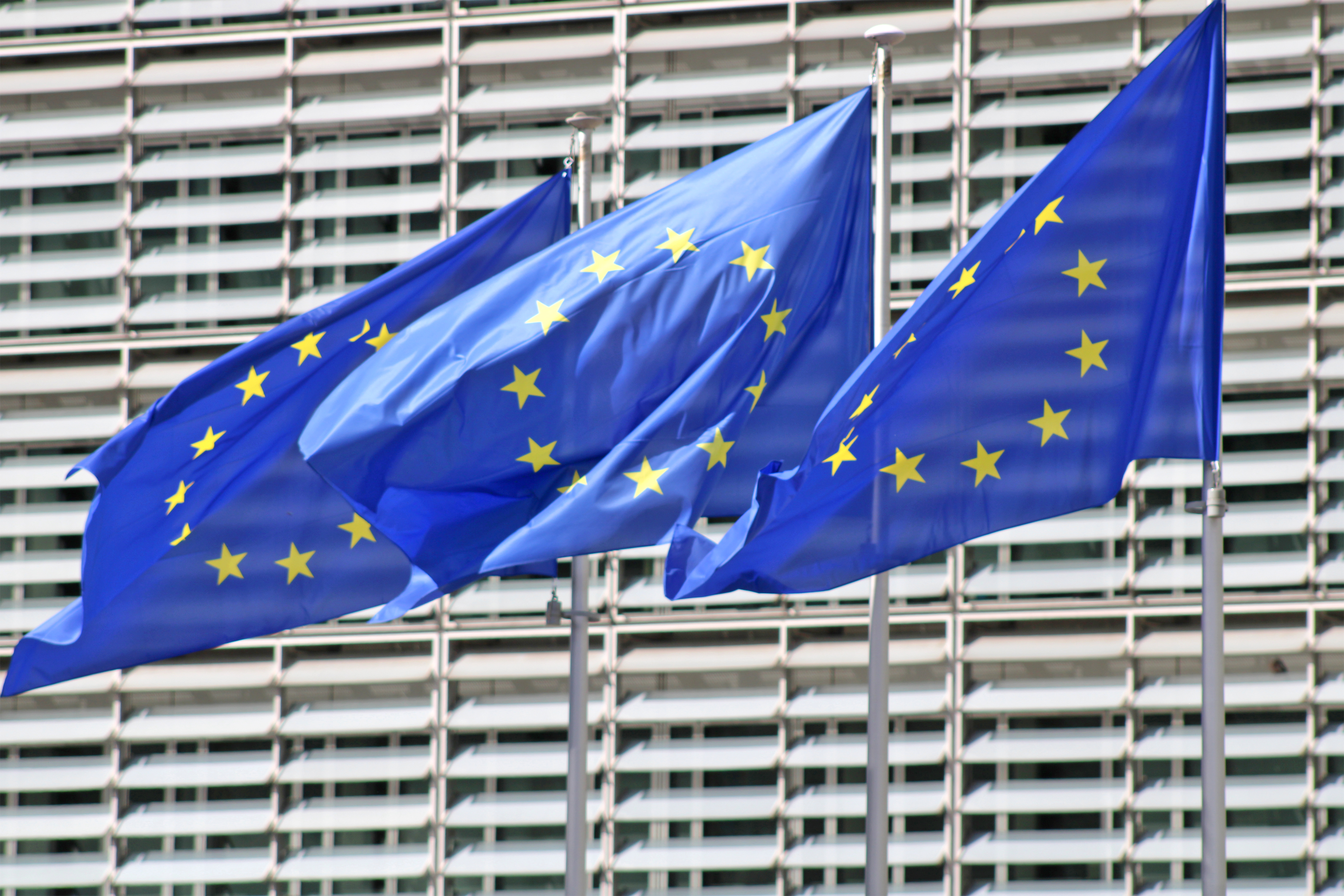 EU flags in front of the European Commission Building in Brussels